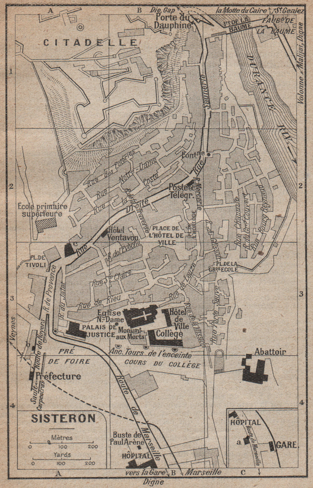 SISTERON vintage town city plan de la ville. Alpes-de-Haute-Provence 1925 map